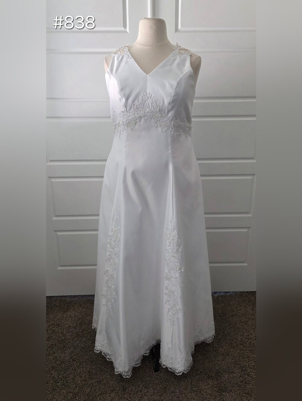 White Satin Sleeveless Wedding Dress with Lace Accents